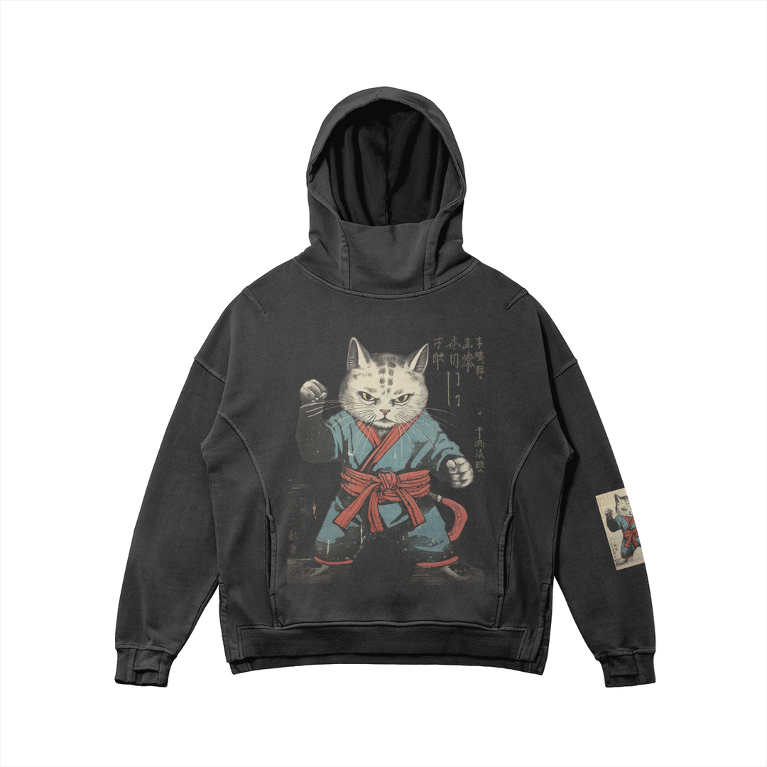 Okinawan Karate Cat - Loose Turtleneck Washed Unisex Hoodie